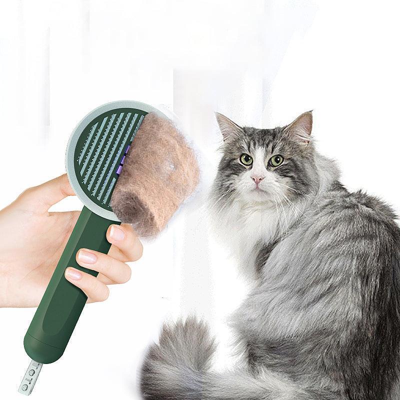 Person holding a pet grooming brush next to a fluffy gray and white cat on a white background