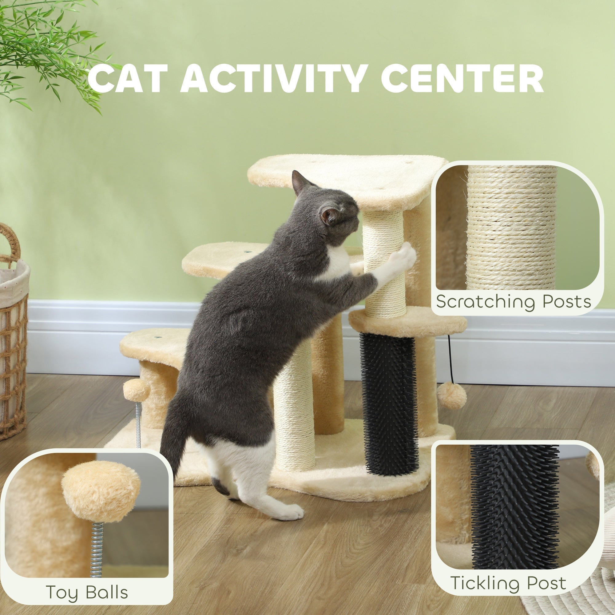 Cat activity center with a cat climbing on it, showing different features like scratching posts, toy balls, and tickling post.