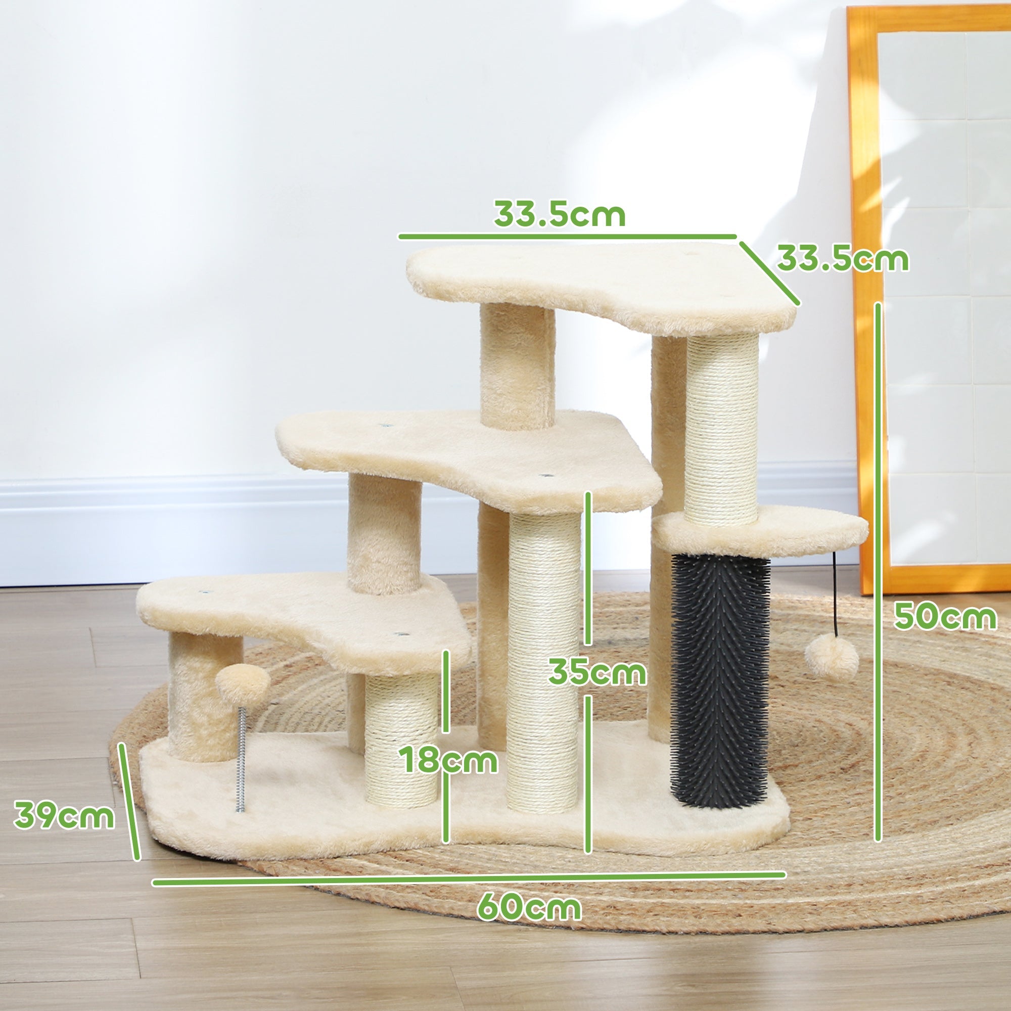 Side view of beige cat stairs with toy balls and tickling post

