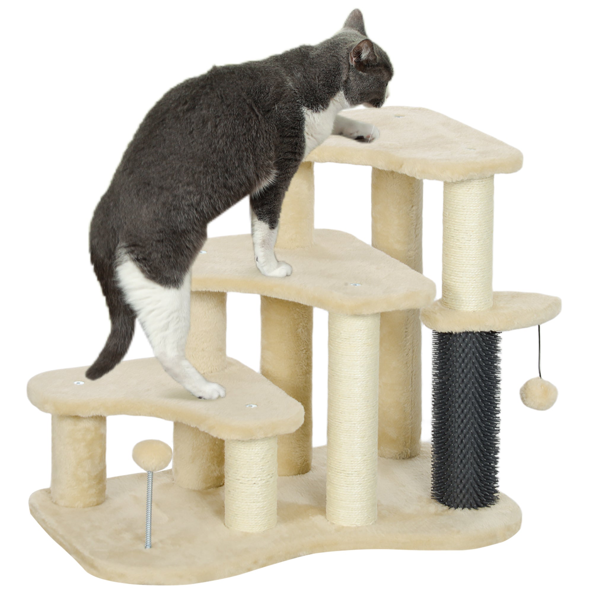 Beige 2-in-1 cat tree with three platforms and stairs for easy climbing
