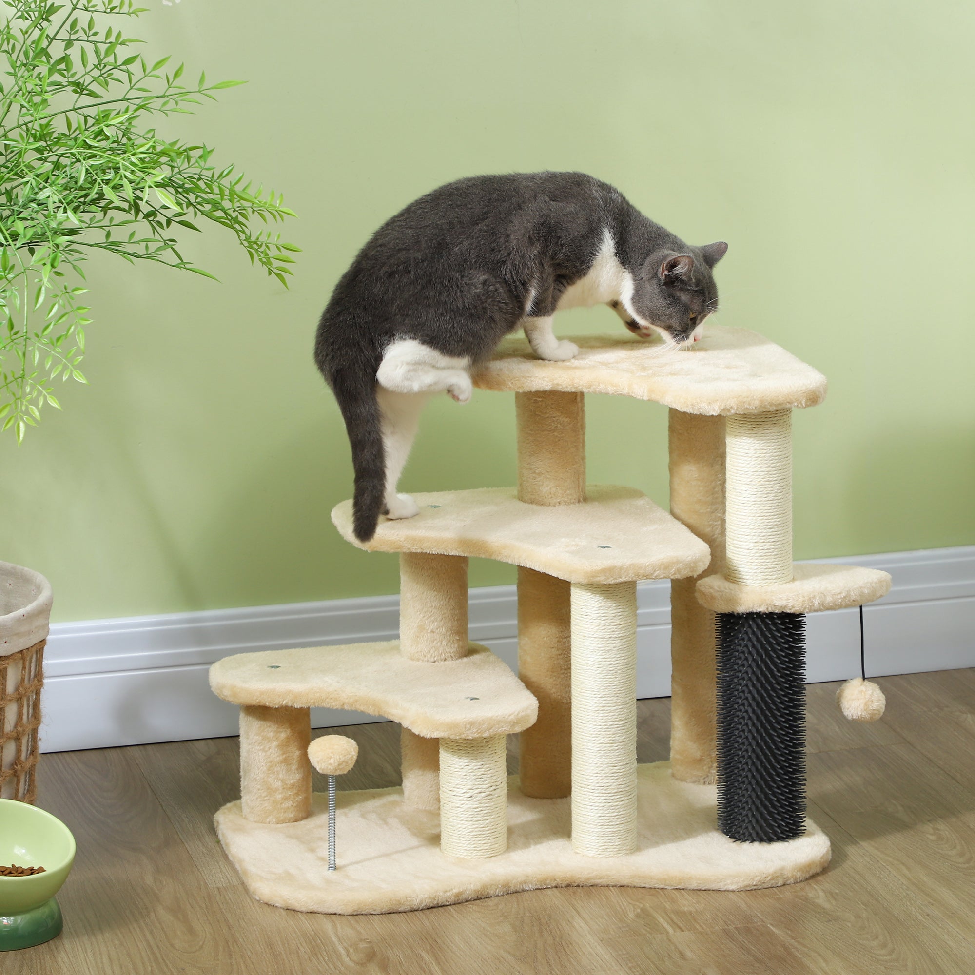 Cat tree showing sisal scratching post and plush fabric platforms
