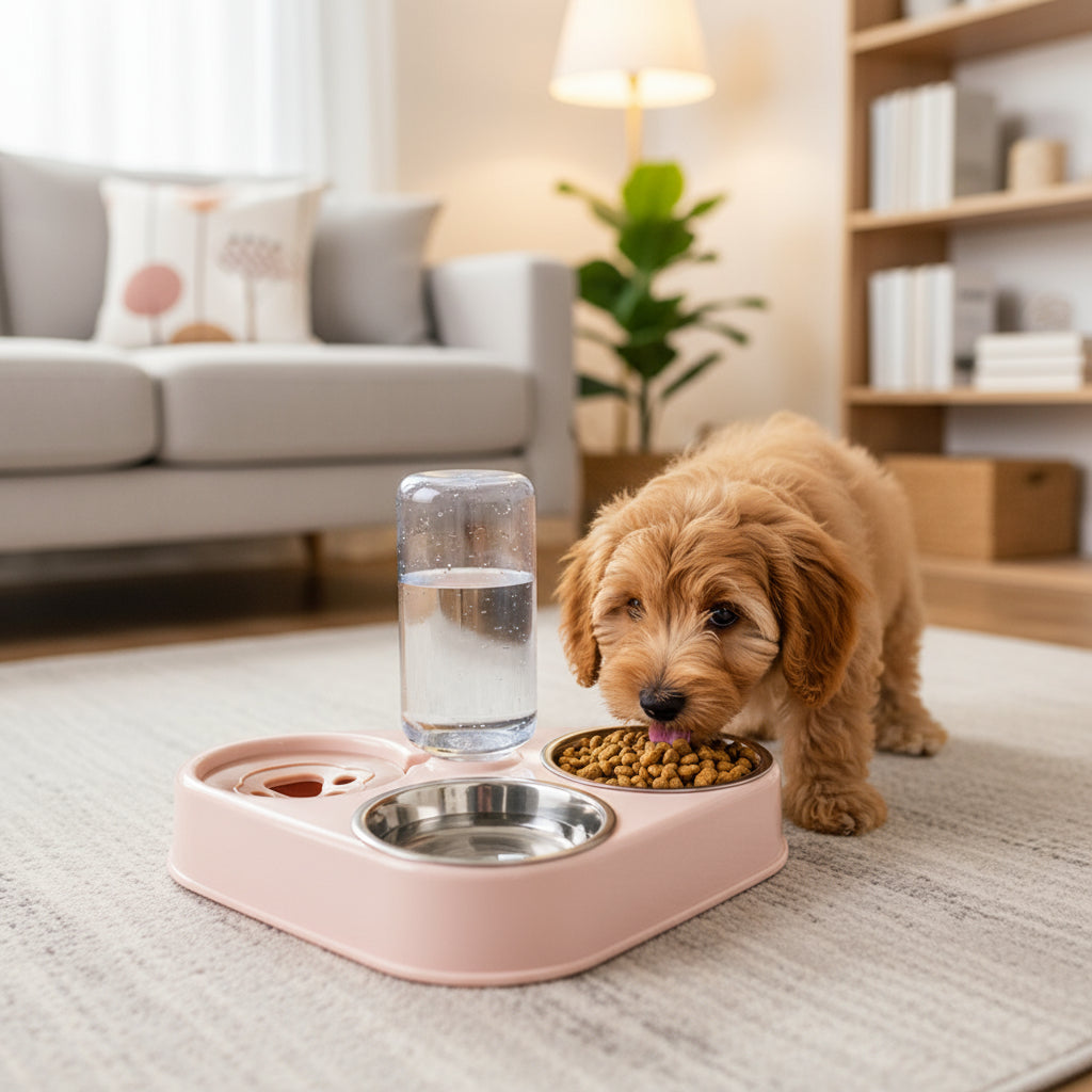 Dog standing next to a pink pet feeder with a glass of water and bowl of food in a living room.