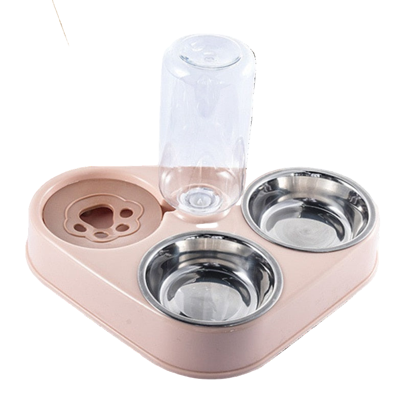 Pet feeding station with two bowls and a water dispenser on a patterned rug.