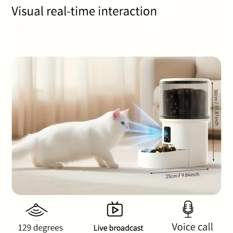 Cat interacting with a device labeled 'Visual real-time interaction' with features like live broadcast and voice call.