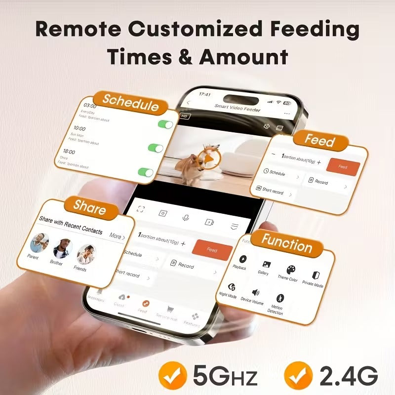 Smart pet feeder app interface on a smartphone with various features highlighted.