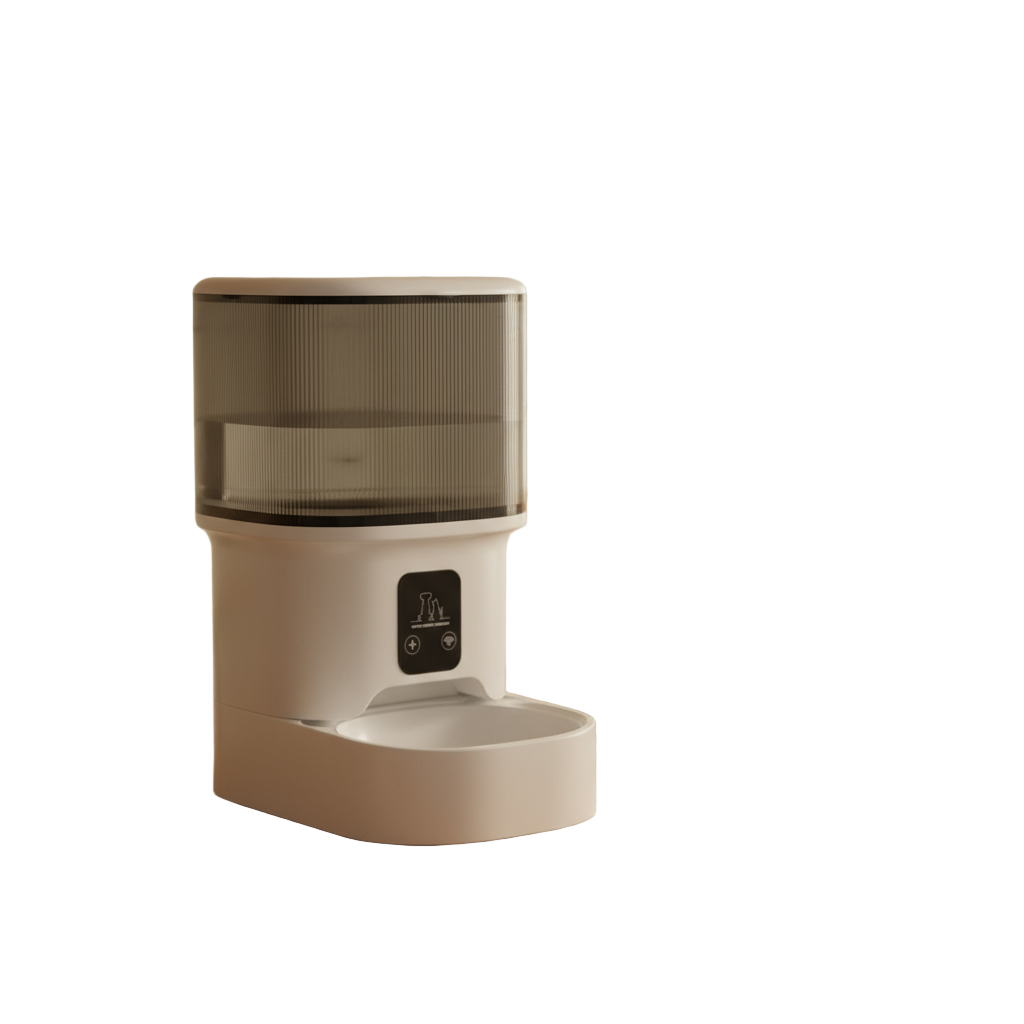 White pet feeder on a kitchen counter with a bowl of food and a window in the background.