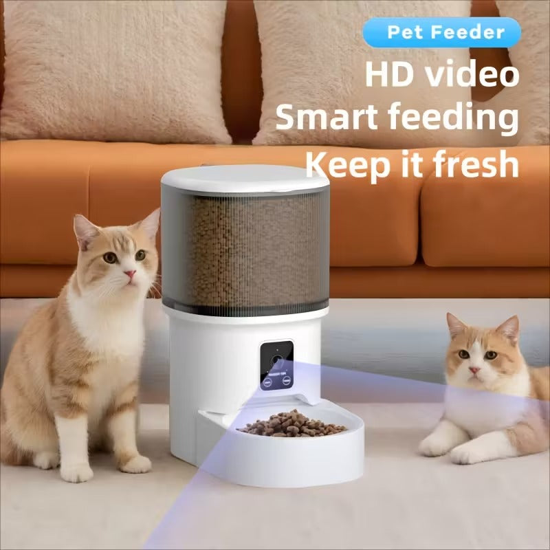 Pet feeder with a cat in a living room setting, featuring text about HD video and smart feeding.