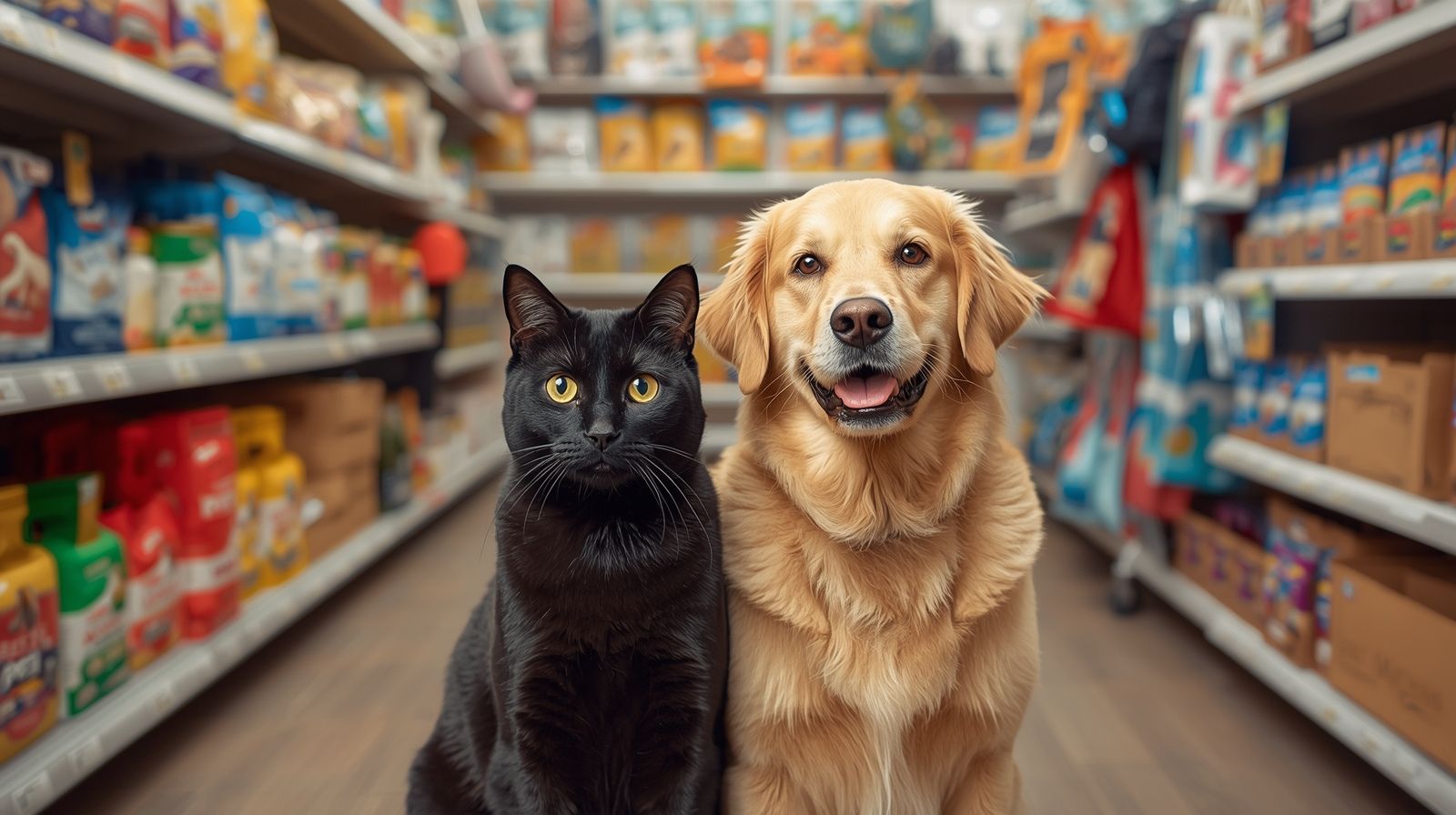 Black cat and golden retriever standing in a grocery store aisle with shelves of products.
