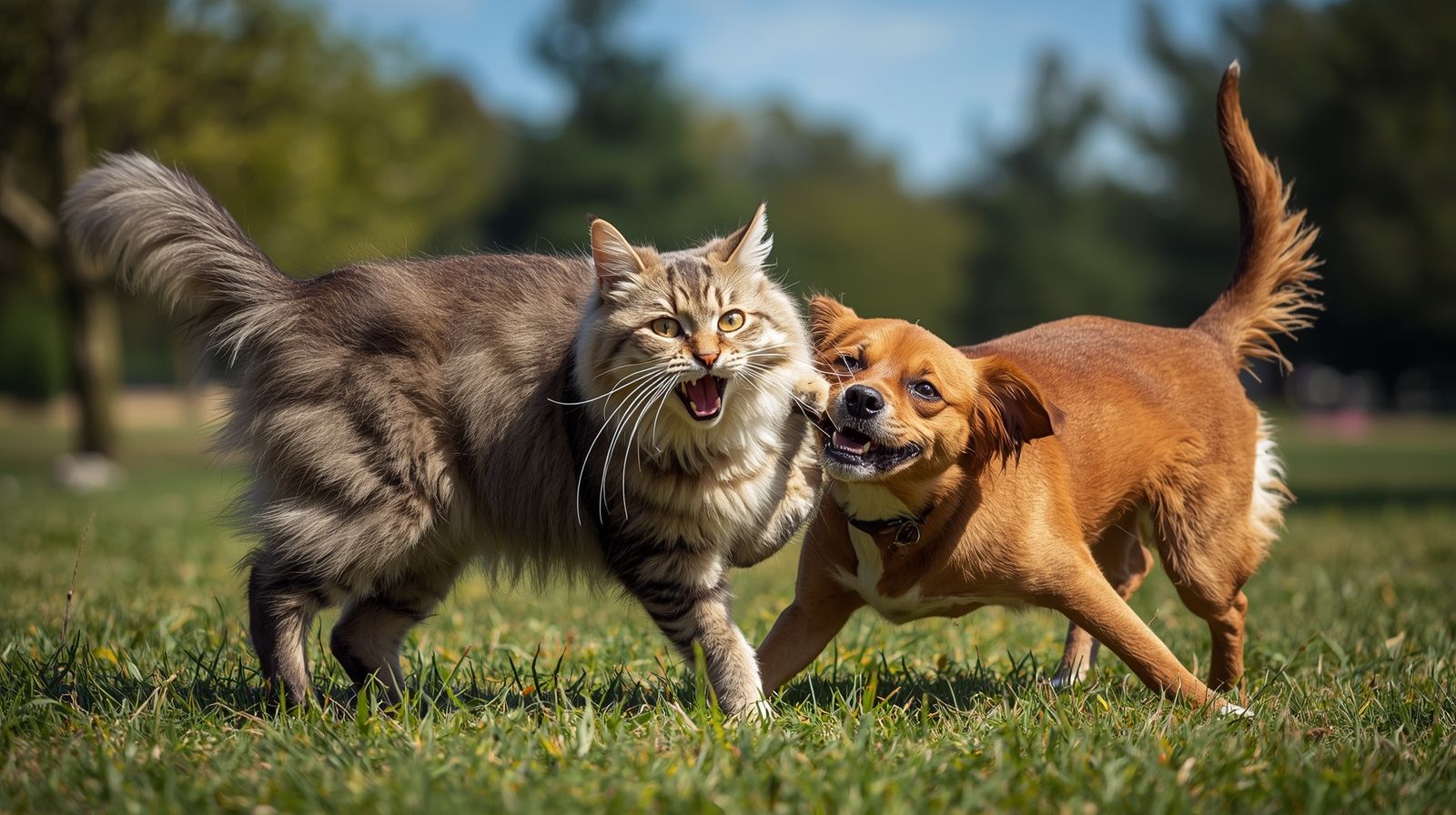 Cat and dog running together on grass with trees in the background