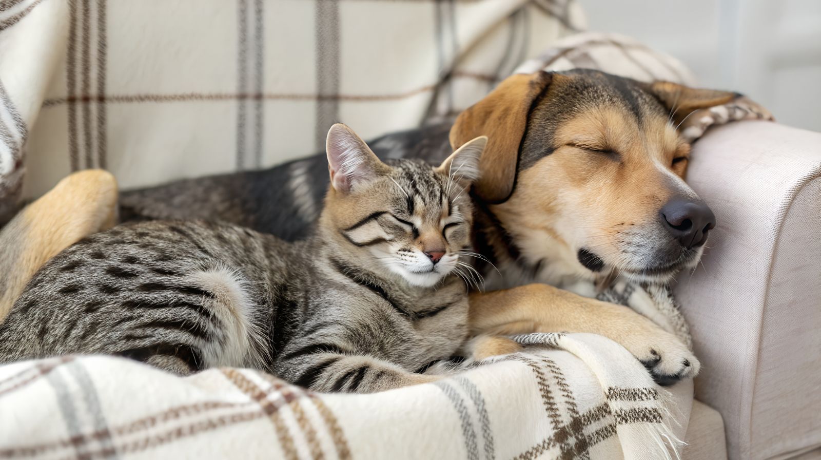 Cat and dog sleeping together on a couch with plaid blanket