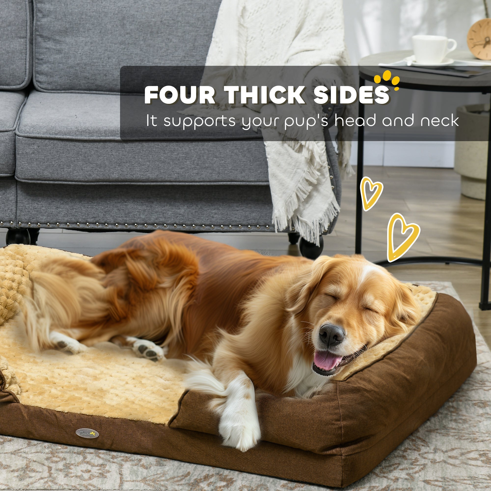 Dog lying on a brown pet bed with text about its thick sides supporting a dog's head and neck.