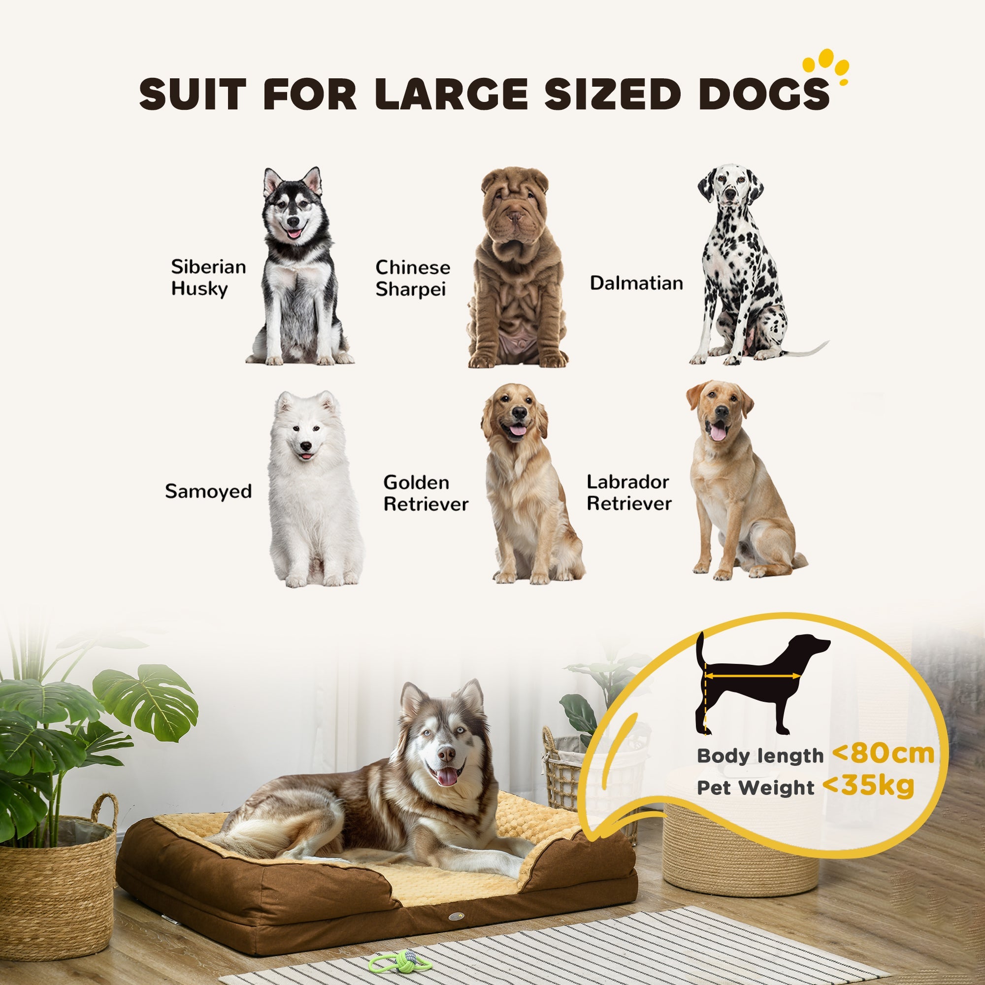 Dog bed suitable for large dogs with images of various breeds and size guidelines.