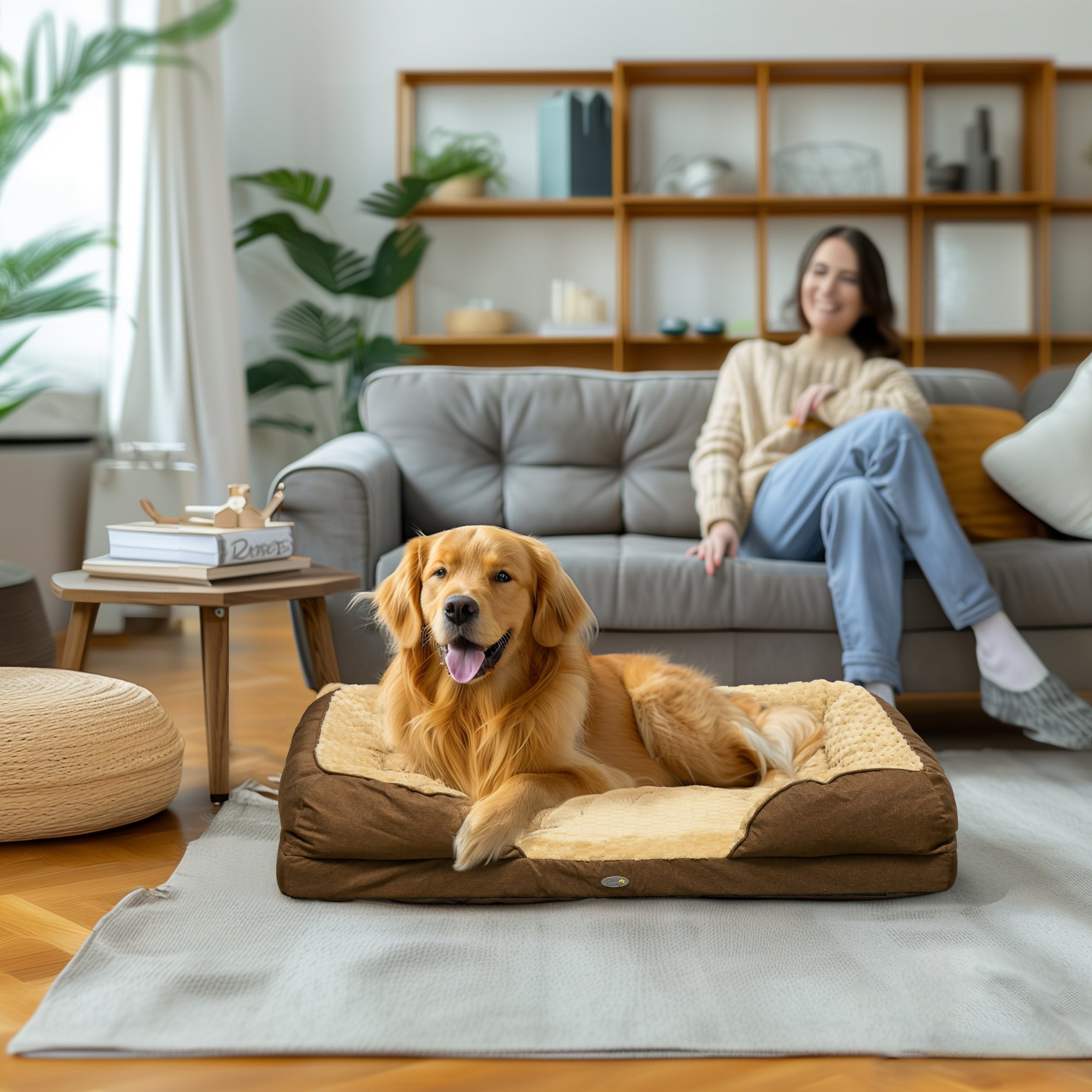 Woman sitting on a couch with a dog lying on a large pet bed in a cozy living room.