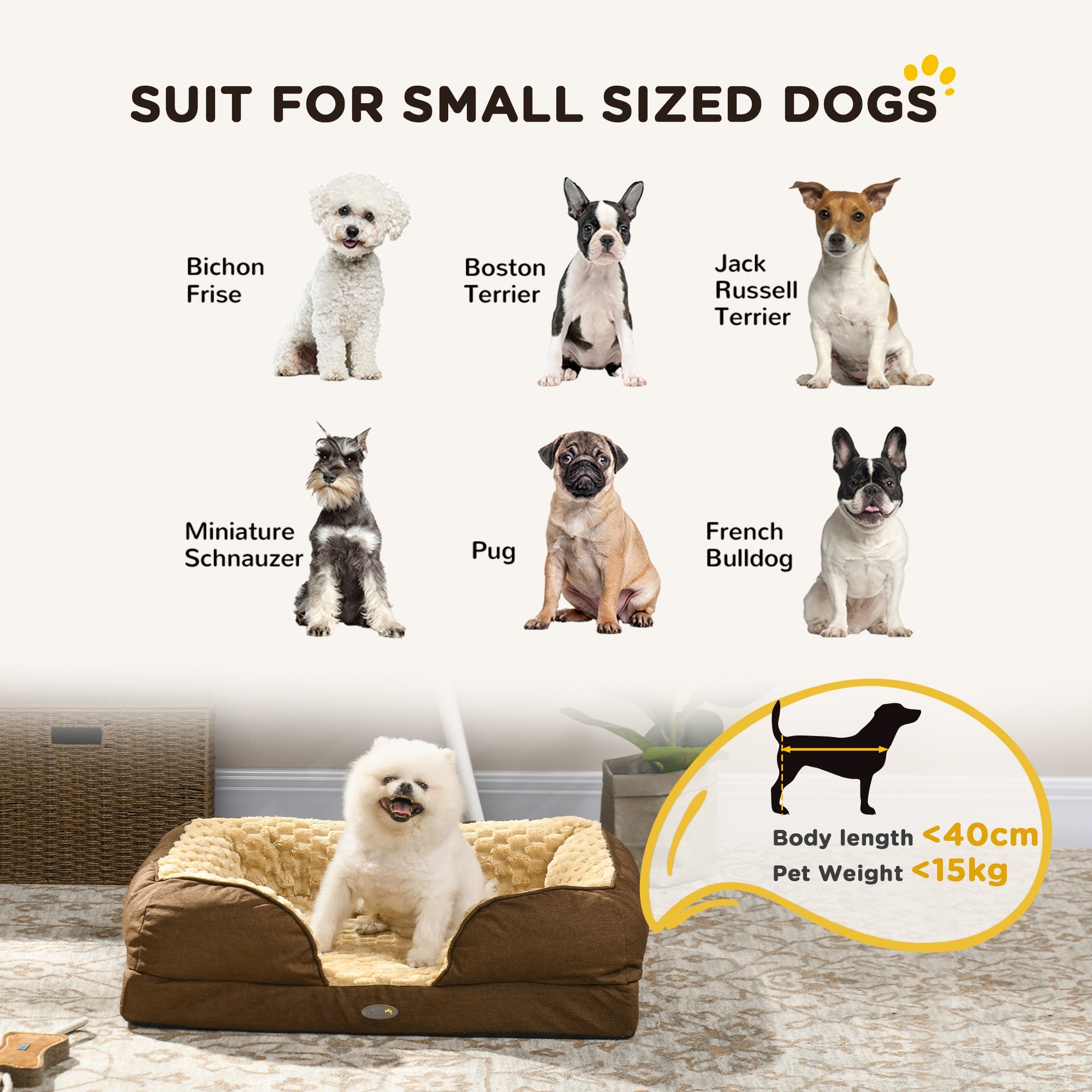 Dog bed suitable for small dogs with a list of breeds and size guidelines.