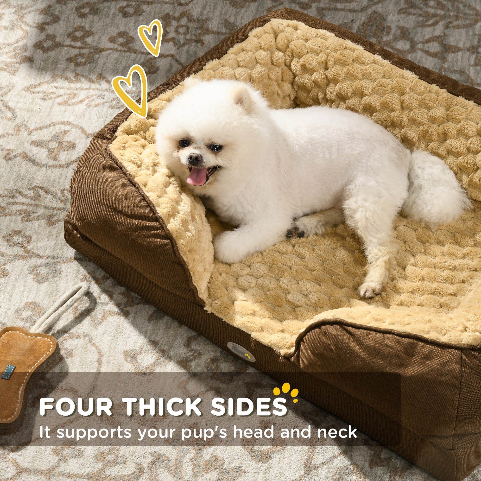 White dog lying on a brown and beige pet bed with text highlighting features.