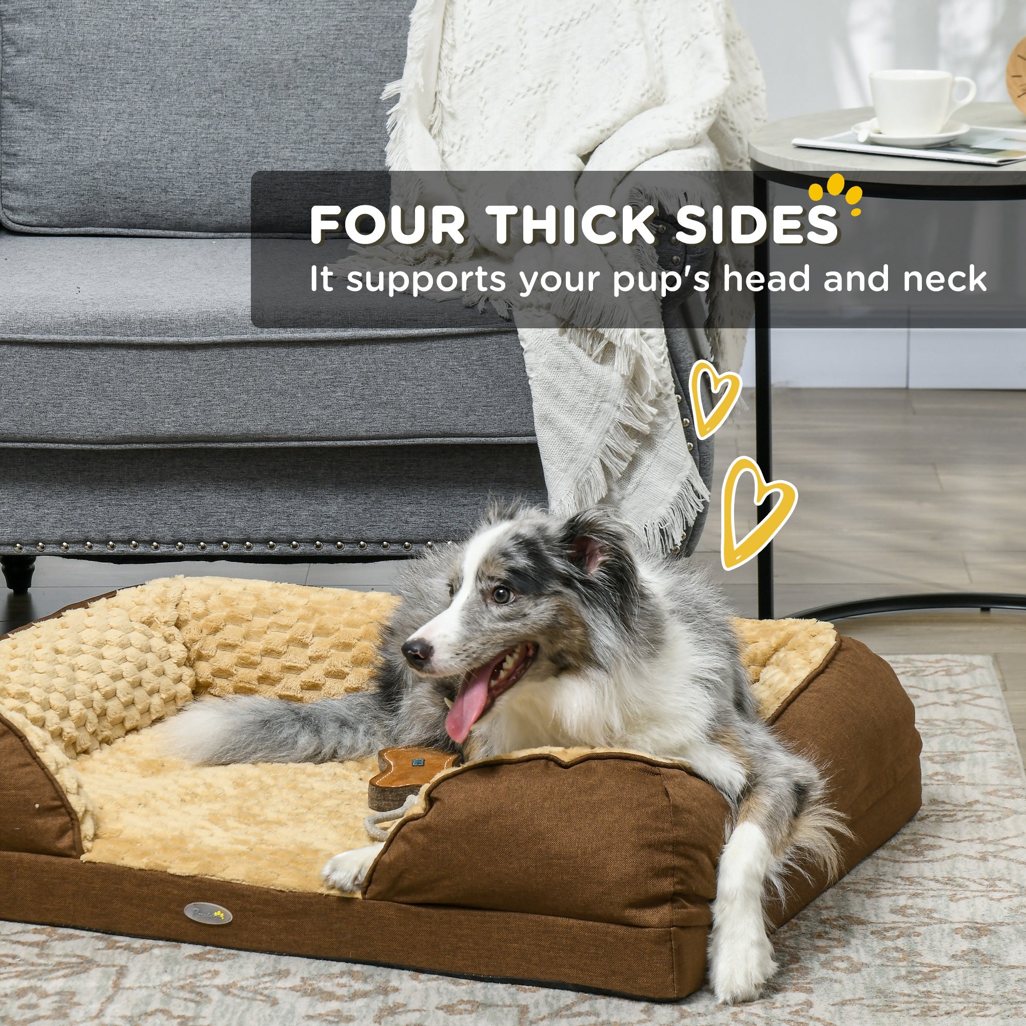 Dog lying on a brown pet bed with text highlighting its features