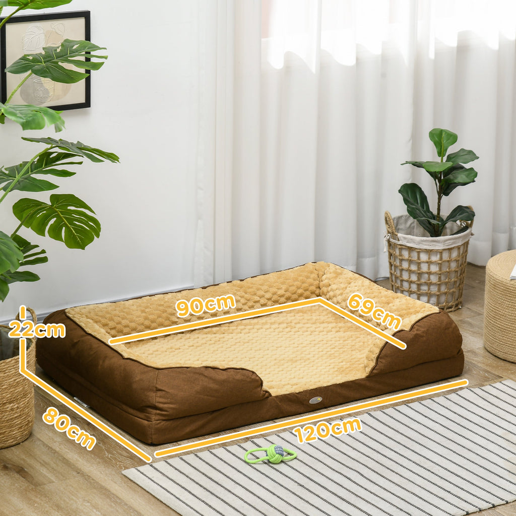 Measurement chart of a brown pet bed with dimensions in a room setting.