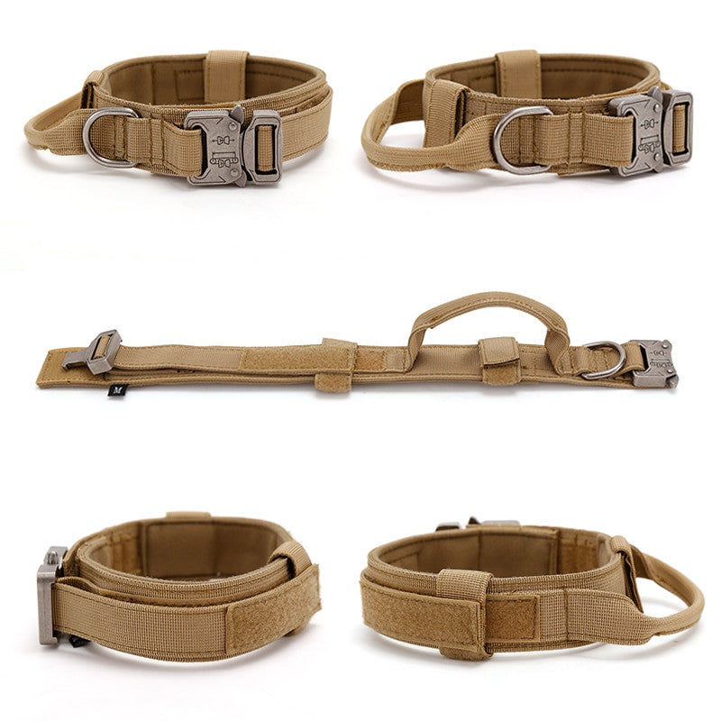 Set of tactical dog collars and harnesses on a white background
