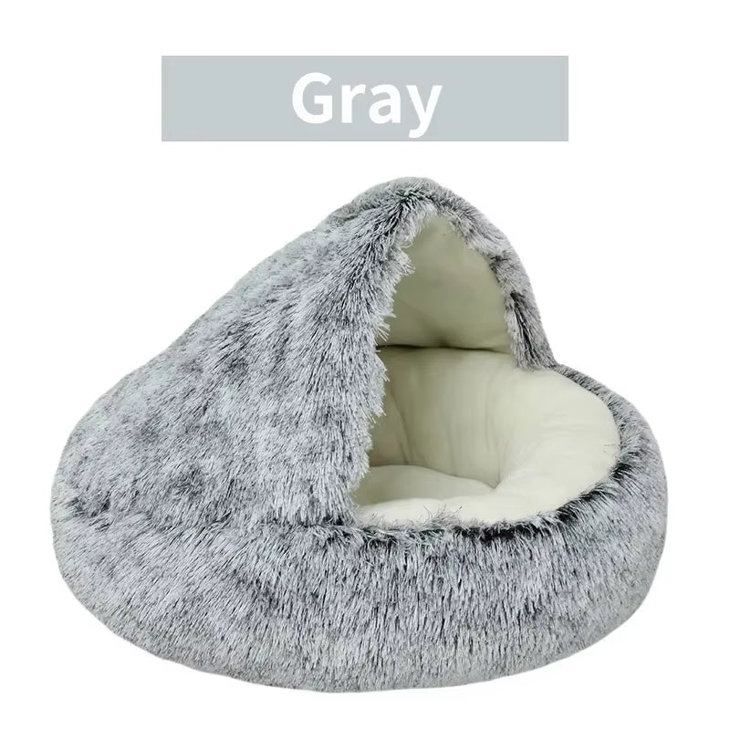 Gray fluffy pet bed with a white interior on a white background