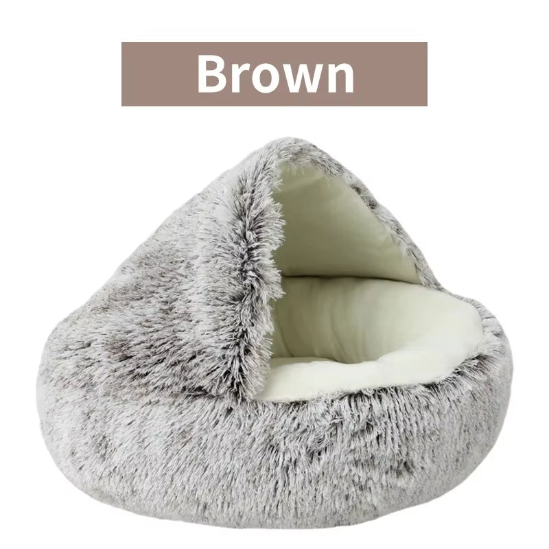 Fluffy pet bed with a brown label on a white background