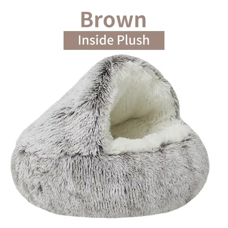 Gray plush pet cave with brown interior on a white background