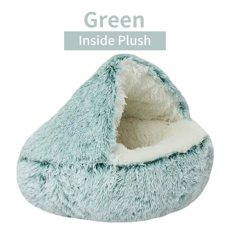 Plush pet bed with green interior on a white background