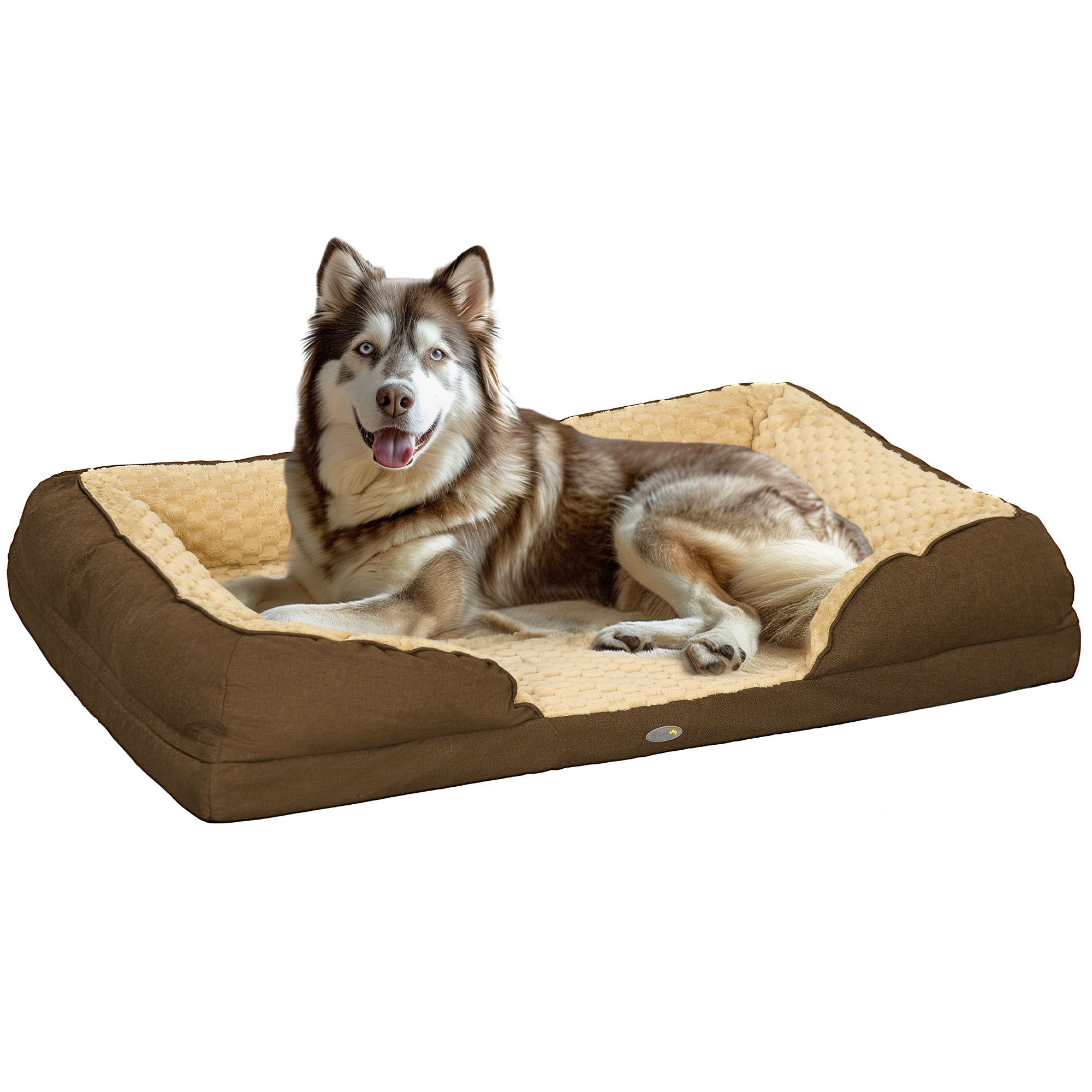 Dog lying on a brown and beige pet bed with a white background