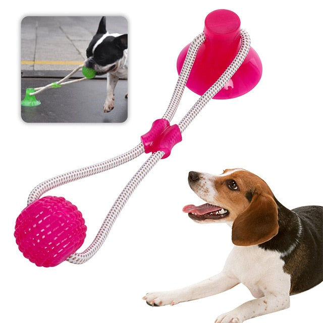 Dog toy with pink balls and a rope, featuring a dog playing with it.