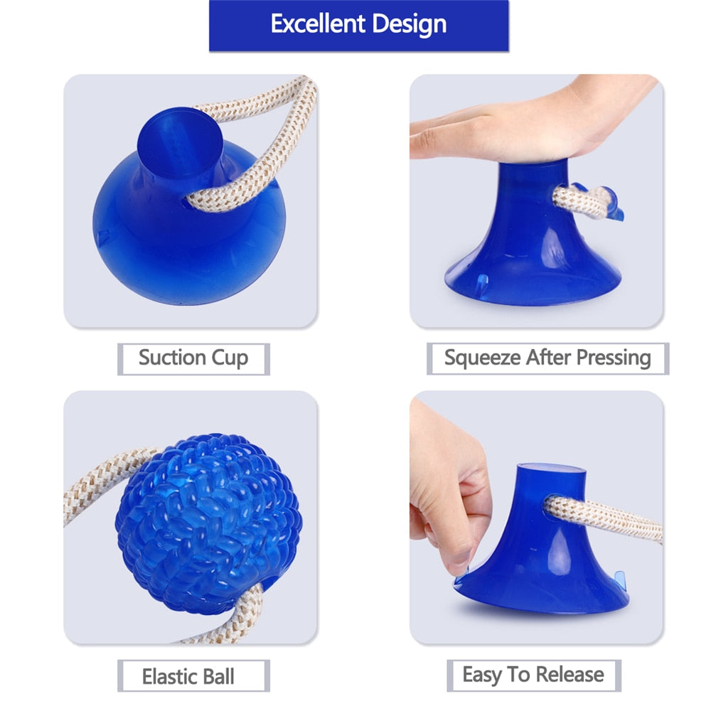 Blue suction cup with rope, elastic ball, and design features highlighted on a white background.