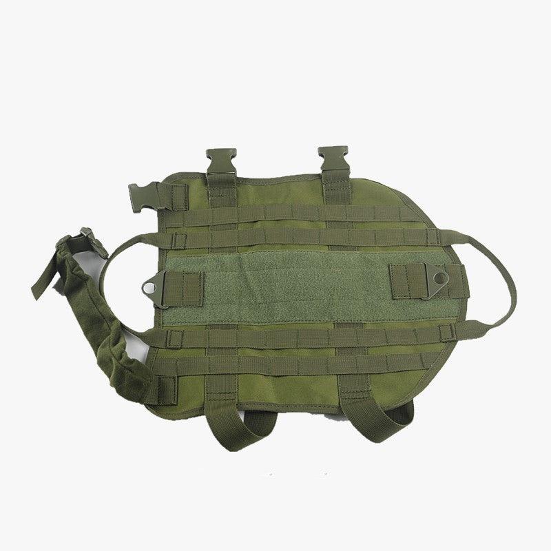 Green tactical vest with multiple straps on a white background