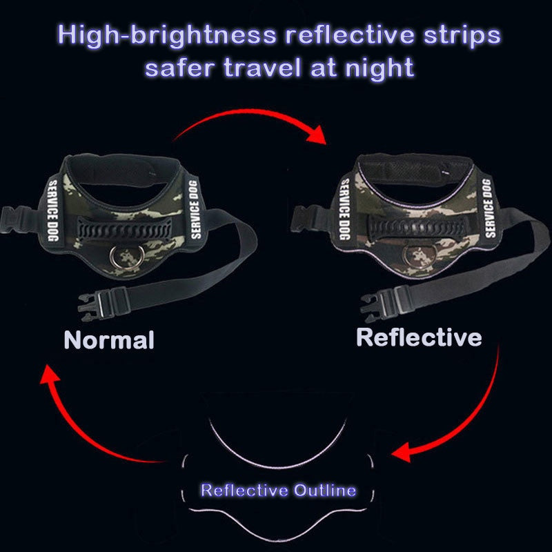 Comparison of a normal dog harness and a reflective dog harness on a black background with text about high-brightness reflective strips.