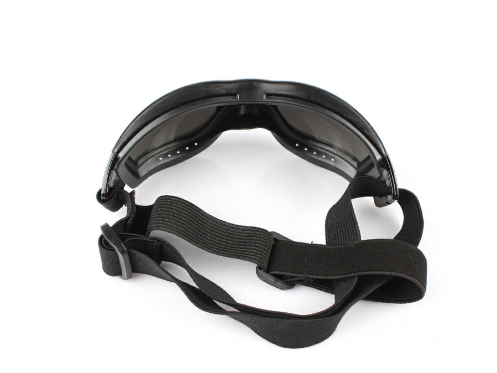 Black goggles with a strap on a white background