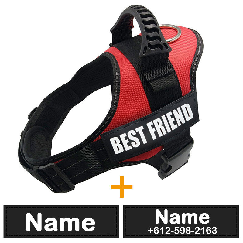 Red and black dog harness with 'BEST FRIEND' text on a white background