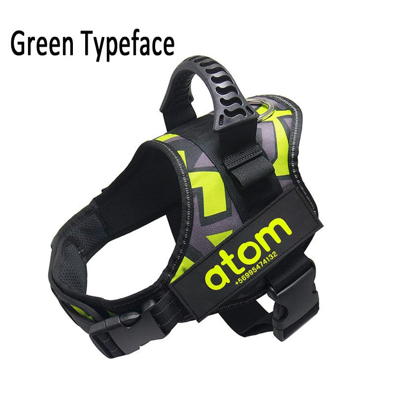 Black and gray dog harness with yellow text on a white background