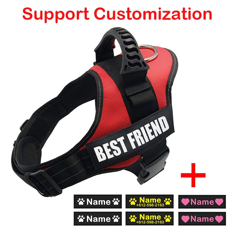 Red and black dog harness with 'BEST FRIEND' text, customization options below.