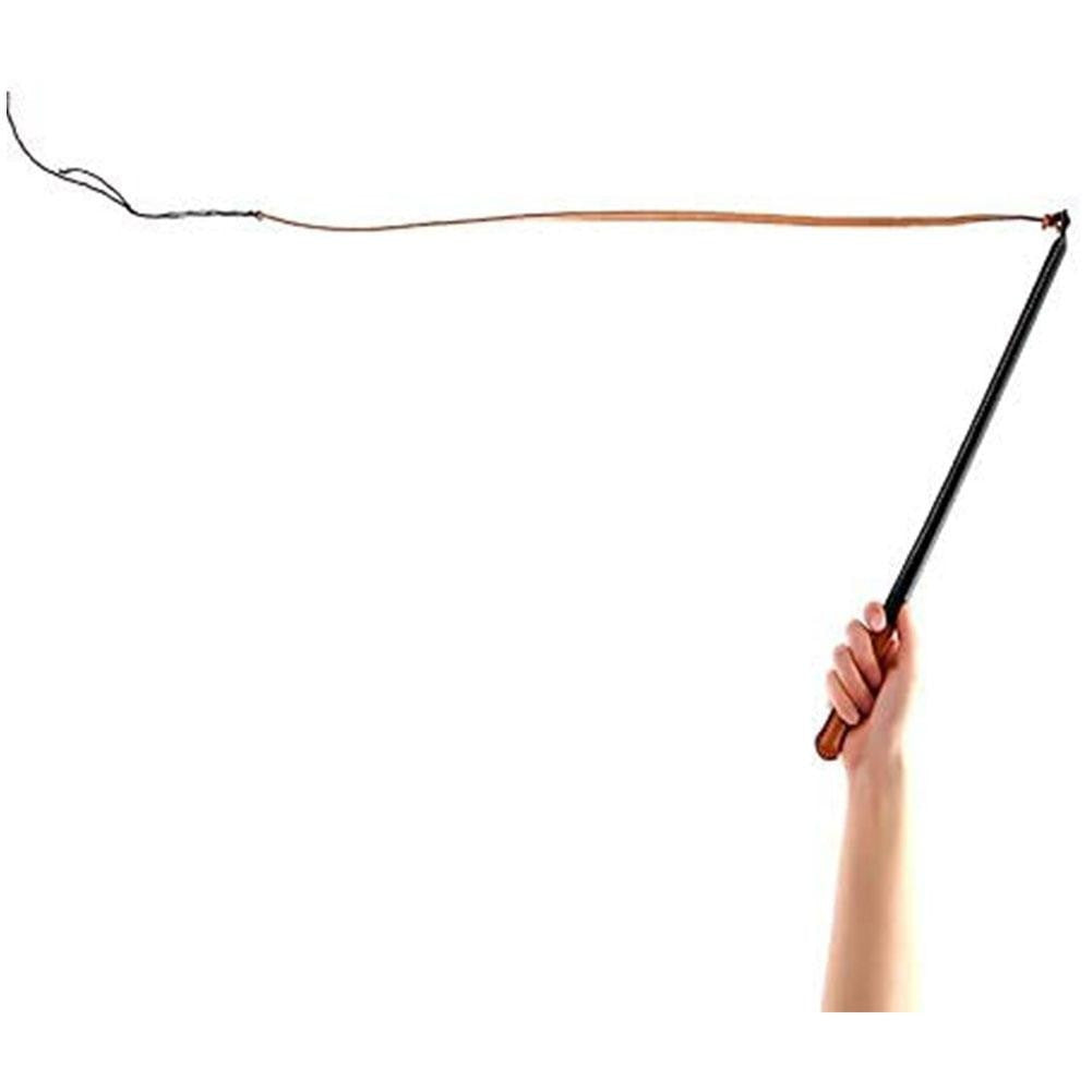 Hand holding a long black rod with a curved end on a white background