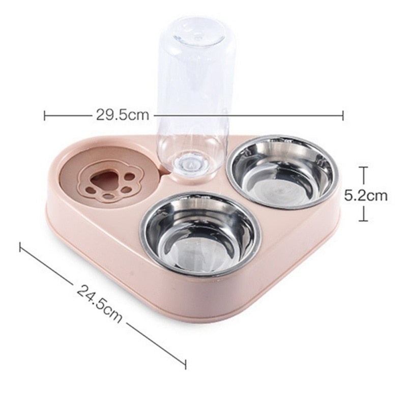 Pet feeding station with dimensions labeled on a white background
