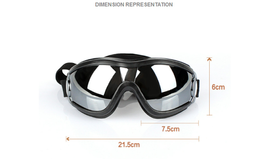 Black goggles with dimensions indicated on a white background