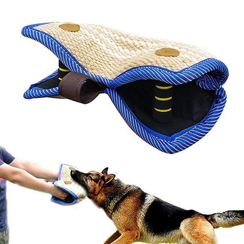Dog toy with blue and beige design, being played with by a German Shepherd.