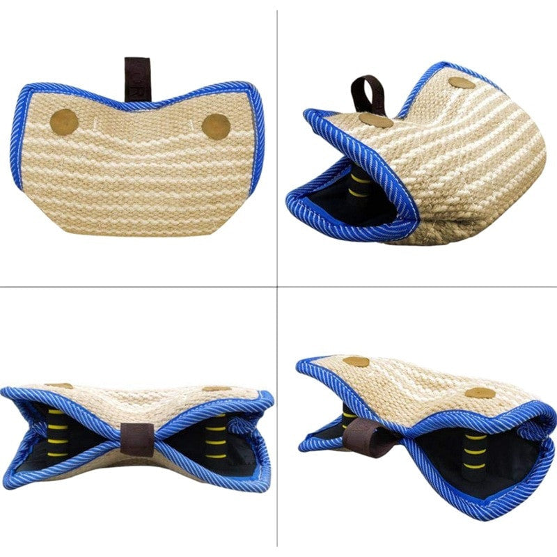 Beige and blue saddle pad with brown straps on a white background