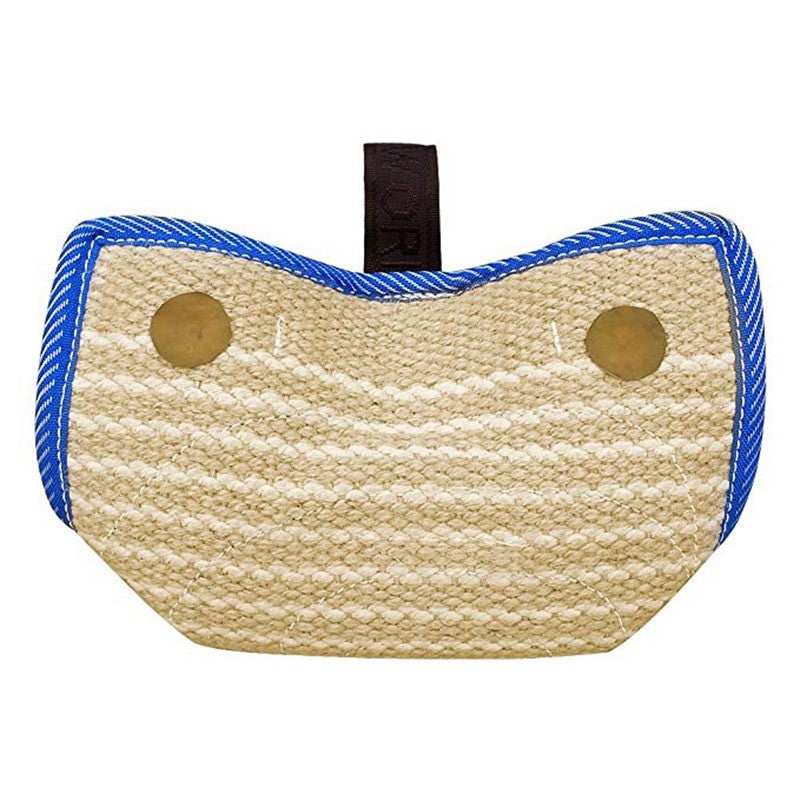 Beige woven pouch with blue edge and gold buttons on a white background
