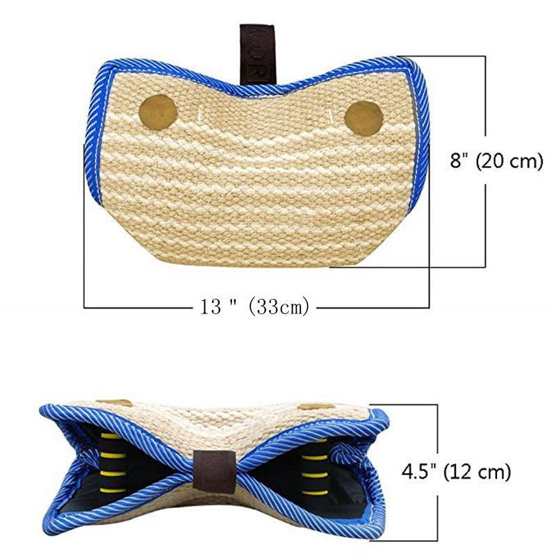 Straw cat toy with blue accents and measurements on a white background