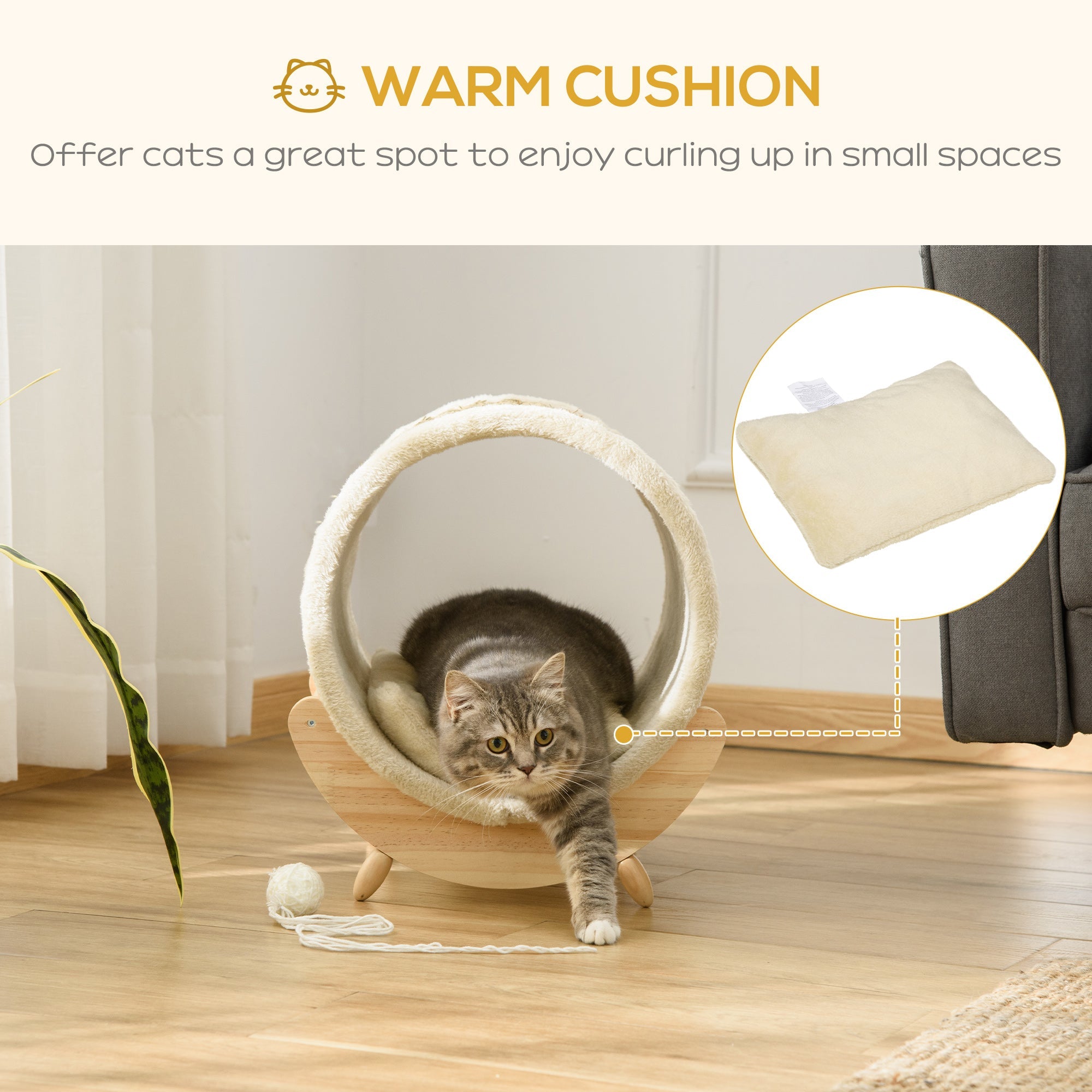 Cat lounging in a warm cushioned chair with a close-up of the cushion on a wooden floor.