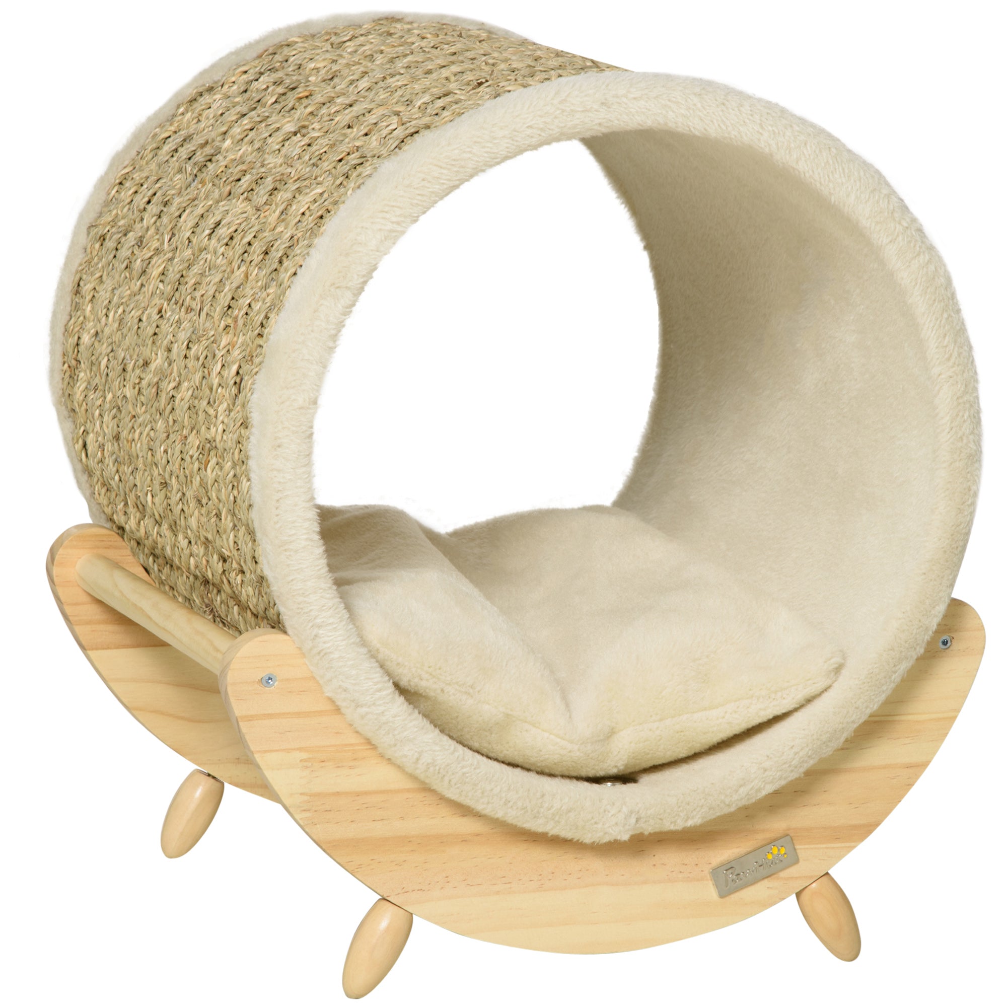 Cat bed with sisal-wrapped cylinder and wooden base on a white background