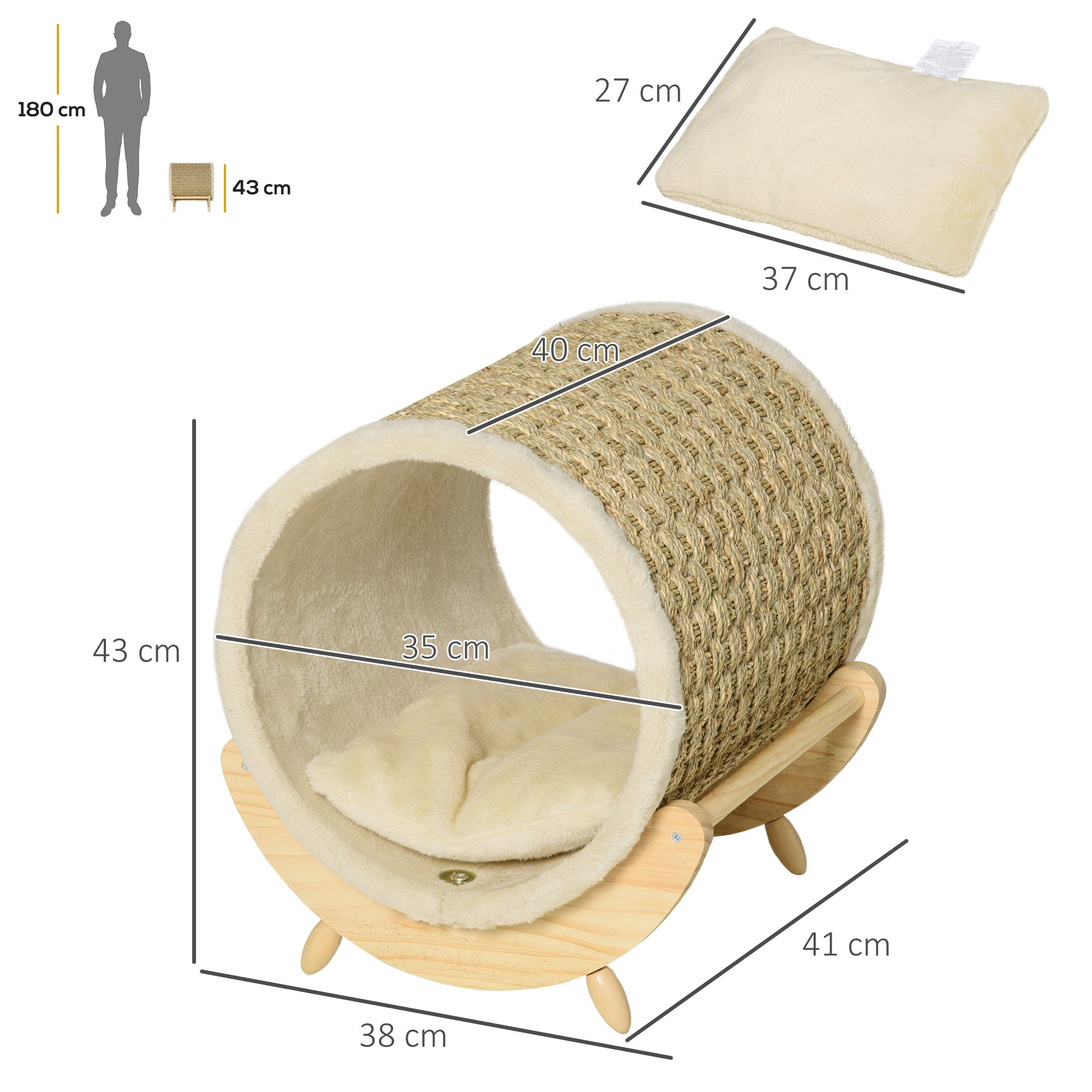 Dimensions of a cat scratcher with a person for scale on the left.