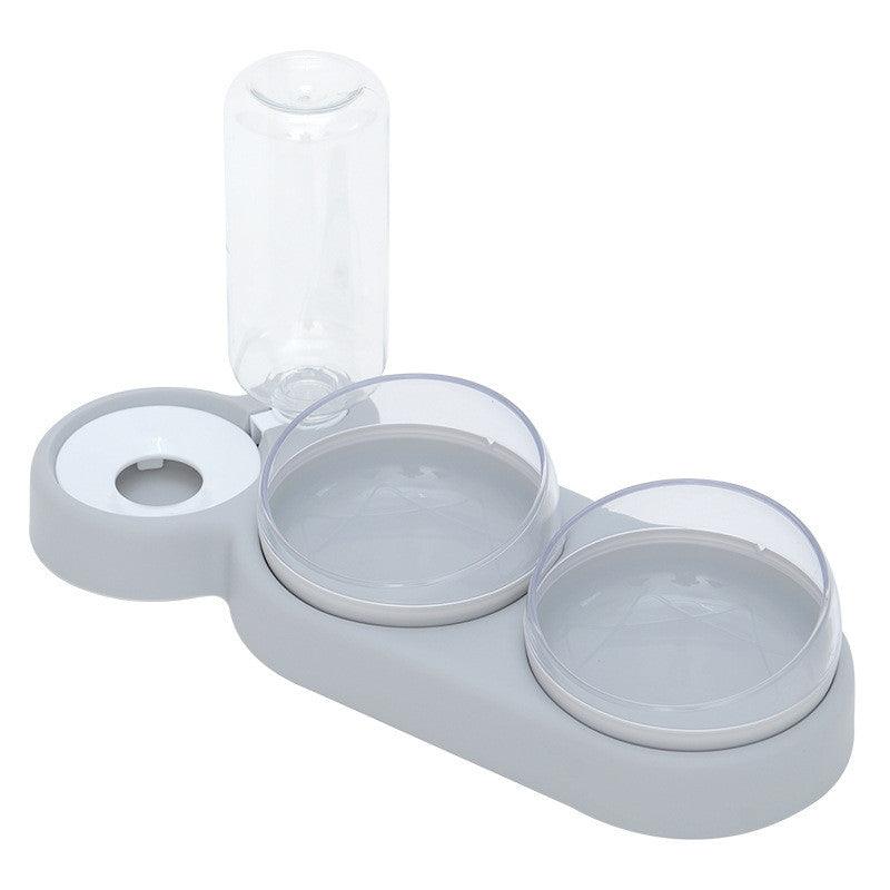 Gray pet feeder with two bowls on a white background