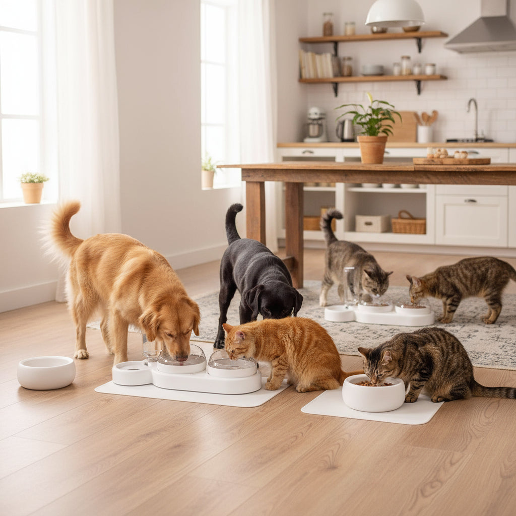 Multiple dogs and cats eating from bowls on a wooden floor in a kitchen.