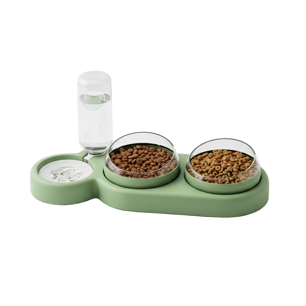 Green pet feeder with two bowls on a yellow surface