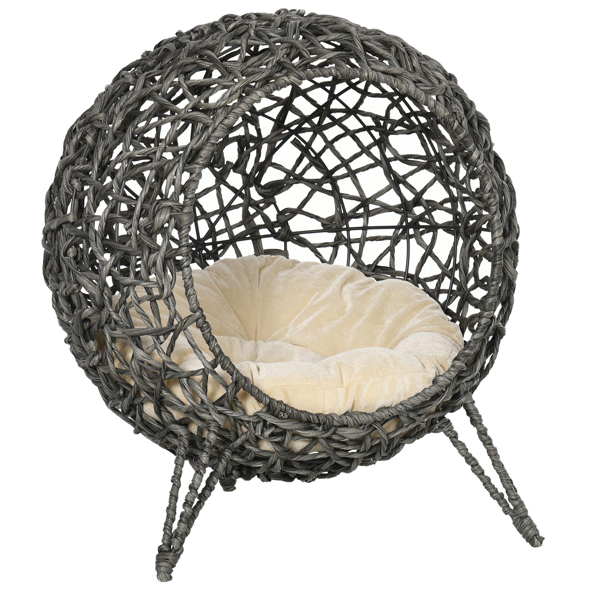 Wicker egg-shaped chair with a cushion on a white background