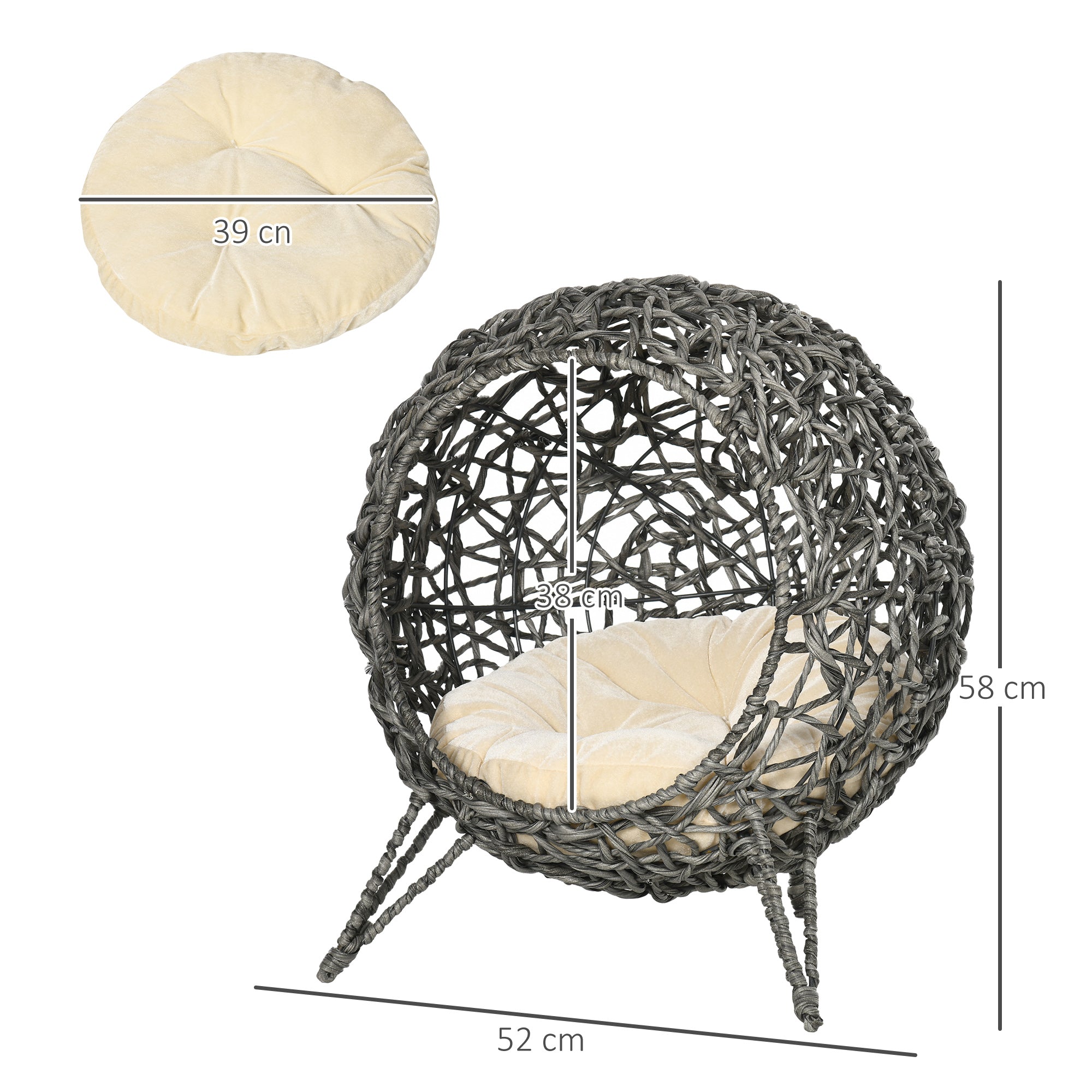 Woven egg-shaped chair with dimensions on a white background